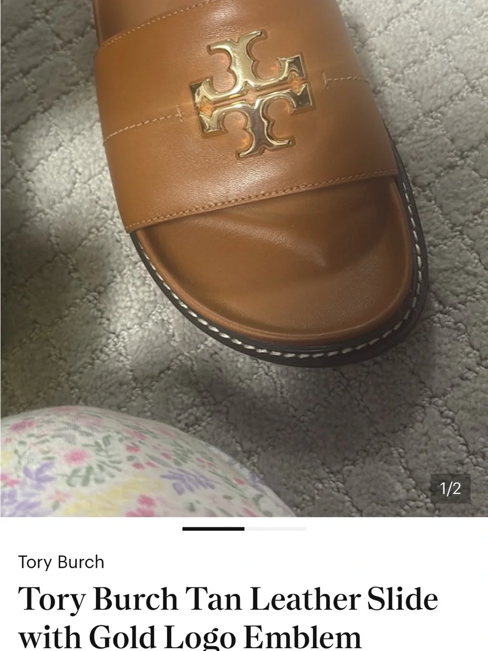 Tory Burch Cognac Leather Slide with Gold Logo